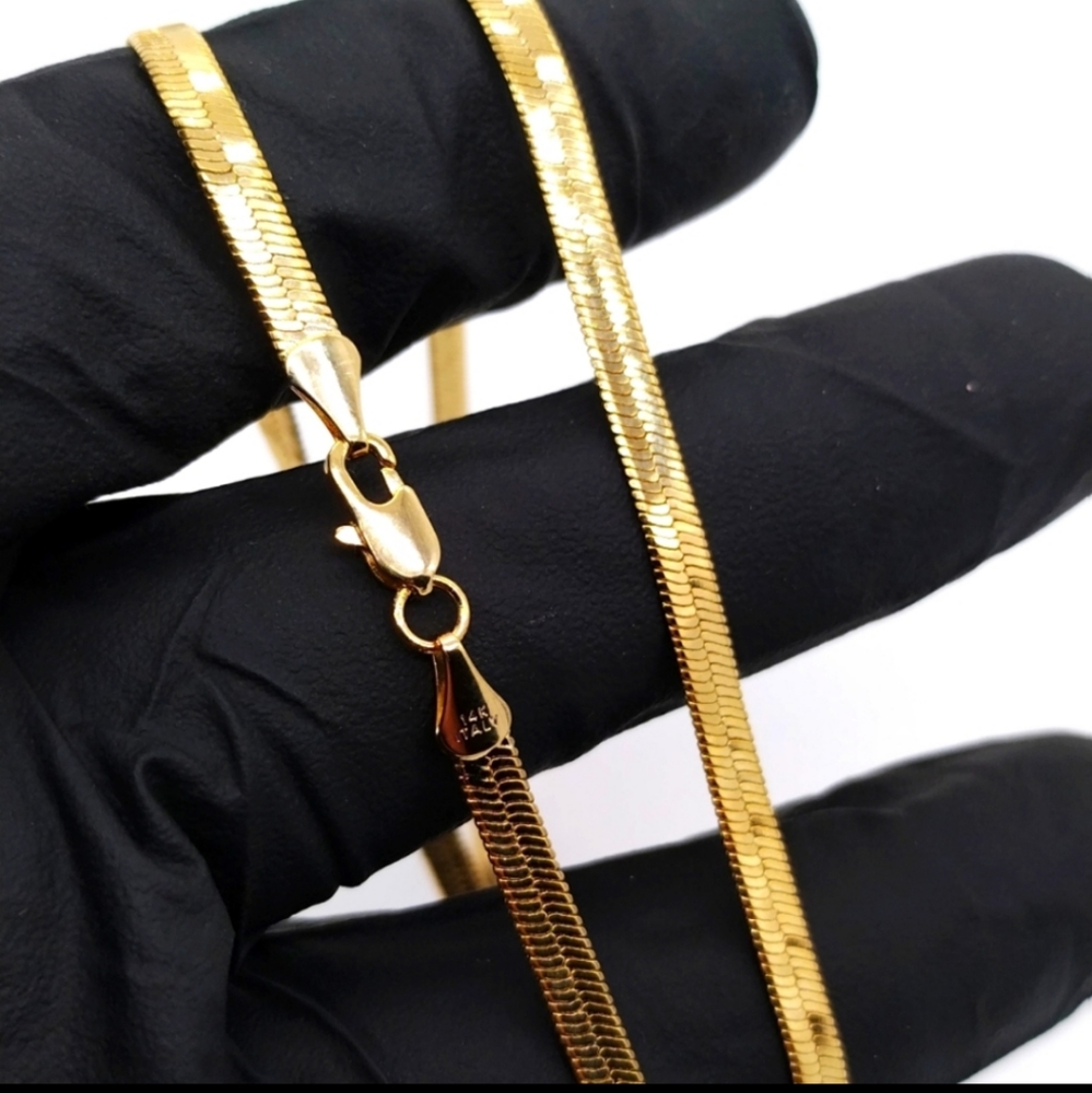 14K Gold Herringbone Chain Necklace ITALY 20" or 24". 14K Gold Plated Brass 4mm - Picture 7 of 8